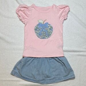 EUC Little Red Wagon floral bow apple appliqué top and jean skort 5/6